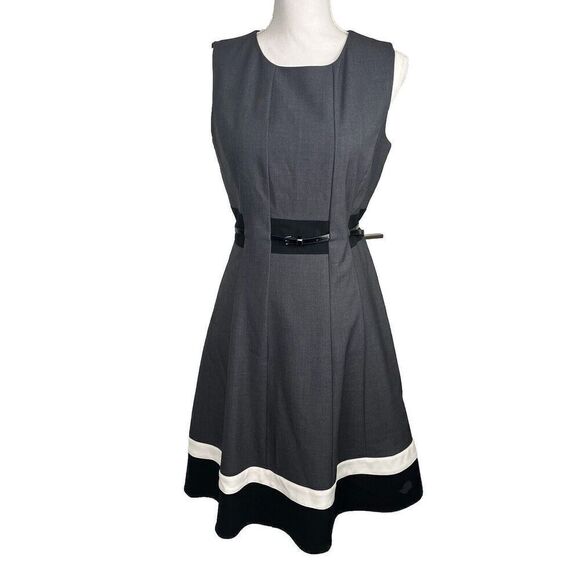 Calvin Klein Womens Dress Classic Fit & Flare Gray Black White Belt Size 6‎ - Picture 2 of 11